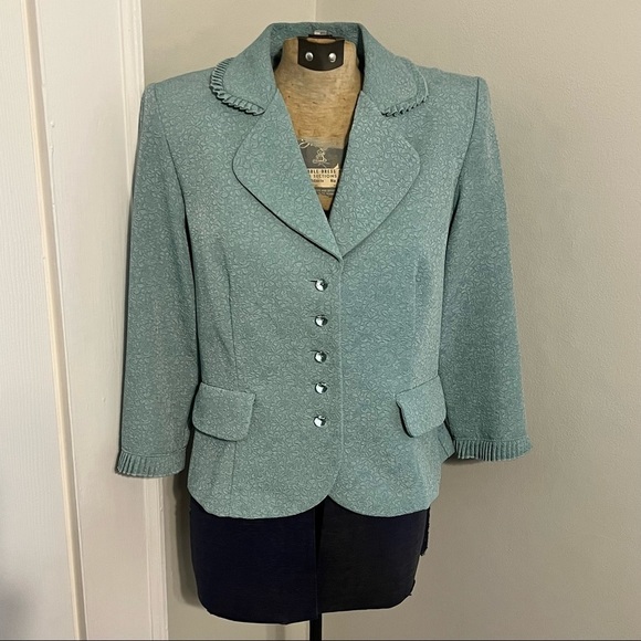 Vintage Miss Dorby Blue Ruffled Woven Floral Design Glass Button Blazer - Picture 2 of 14